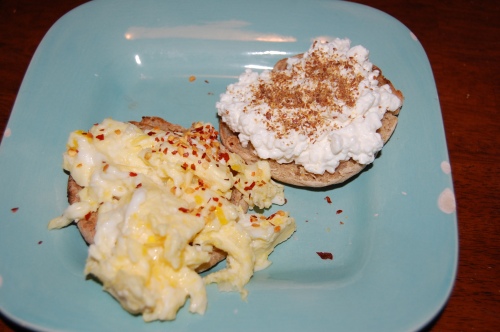 Thomas Light English Muffin with cottage cheese and flax on one side, and 1 egg + 2eggwhites on the other