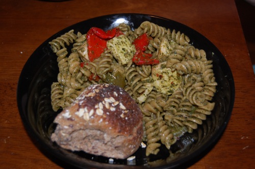 Joey's Pesto Chicken Pasta with Pre-cooked Chicken and Pepper kabobs (off the kabob)