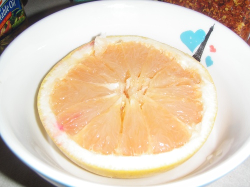 juicy half grapefruit with a little pink on it (no clue what that was, but I ate it)