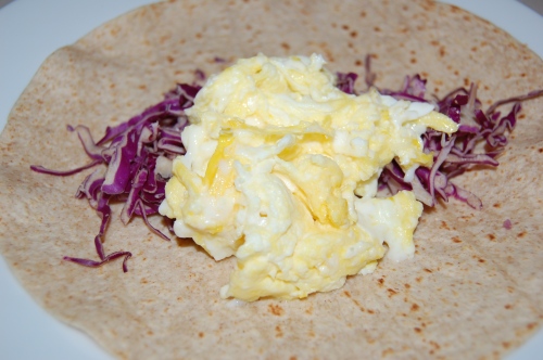 1 egg and 1 eggwhite with cabbage, wrapped in a WW tortilla